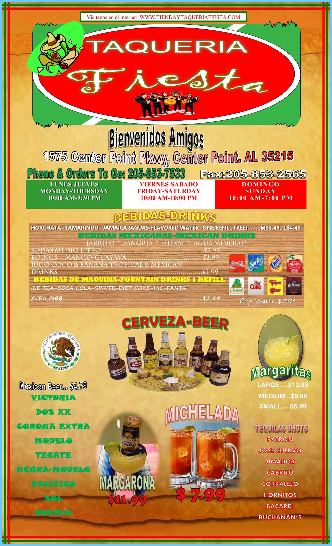 Taqueria Fiesta menu, page 1: drinks, beer and margaritas