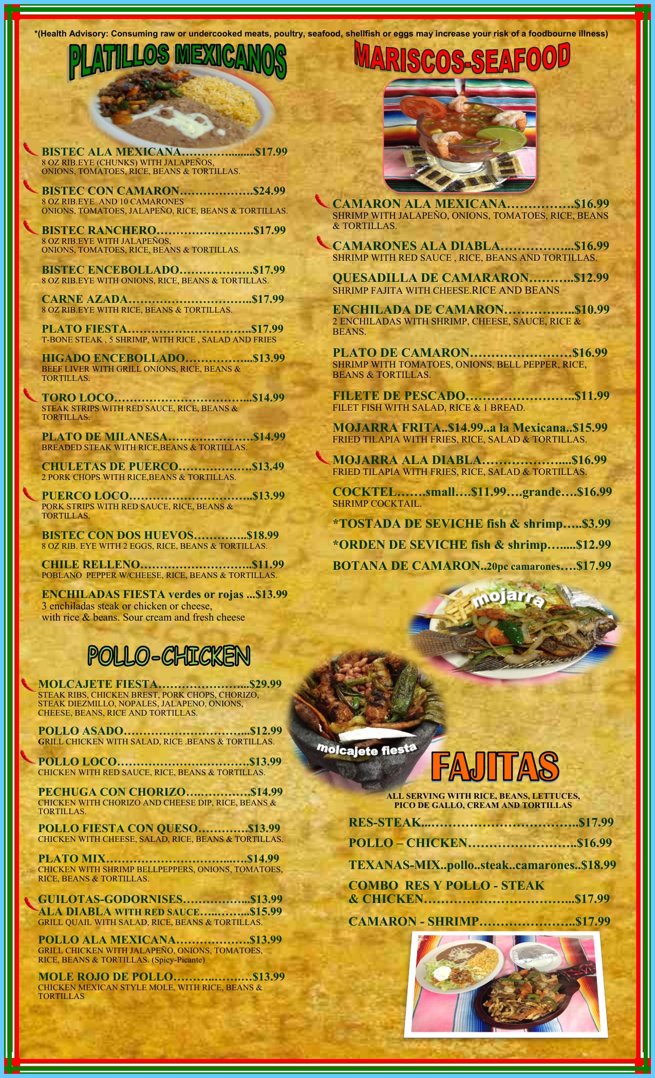 Taqueria Fiesta menu, page 2: platillos mexicanos, mariscos, pollo and fajitas
