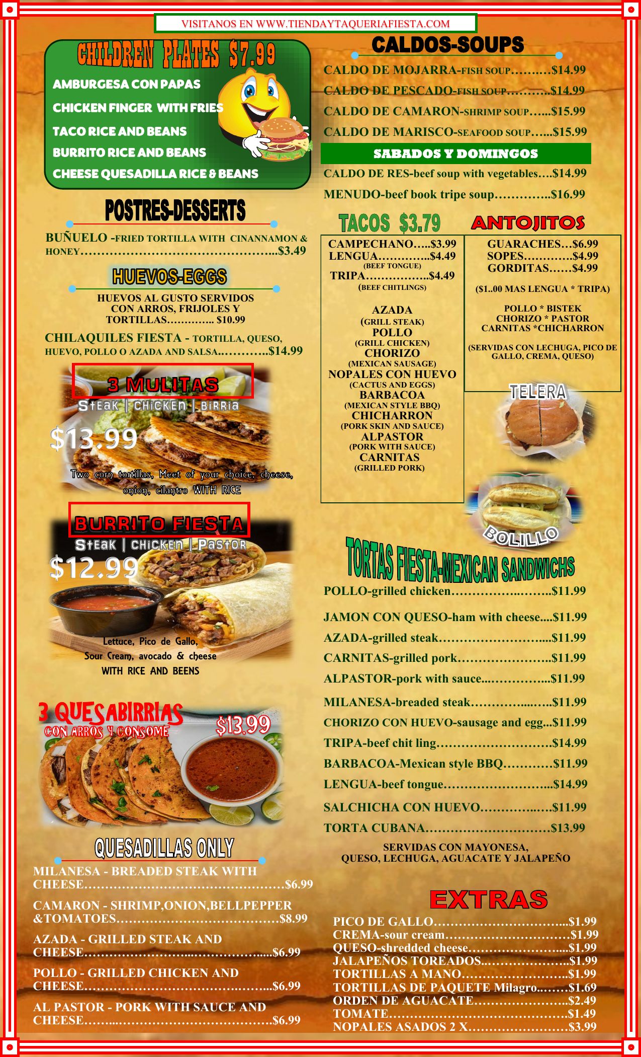 Taqueria Fiesta menu, page 3: children plates, desserts, eggs, soups, tacos, antojitos, tortas, quesadillas and extras