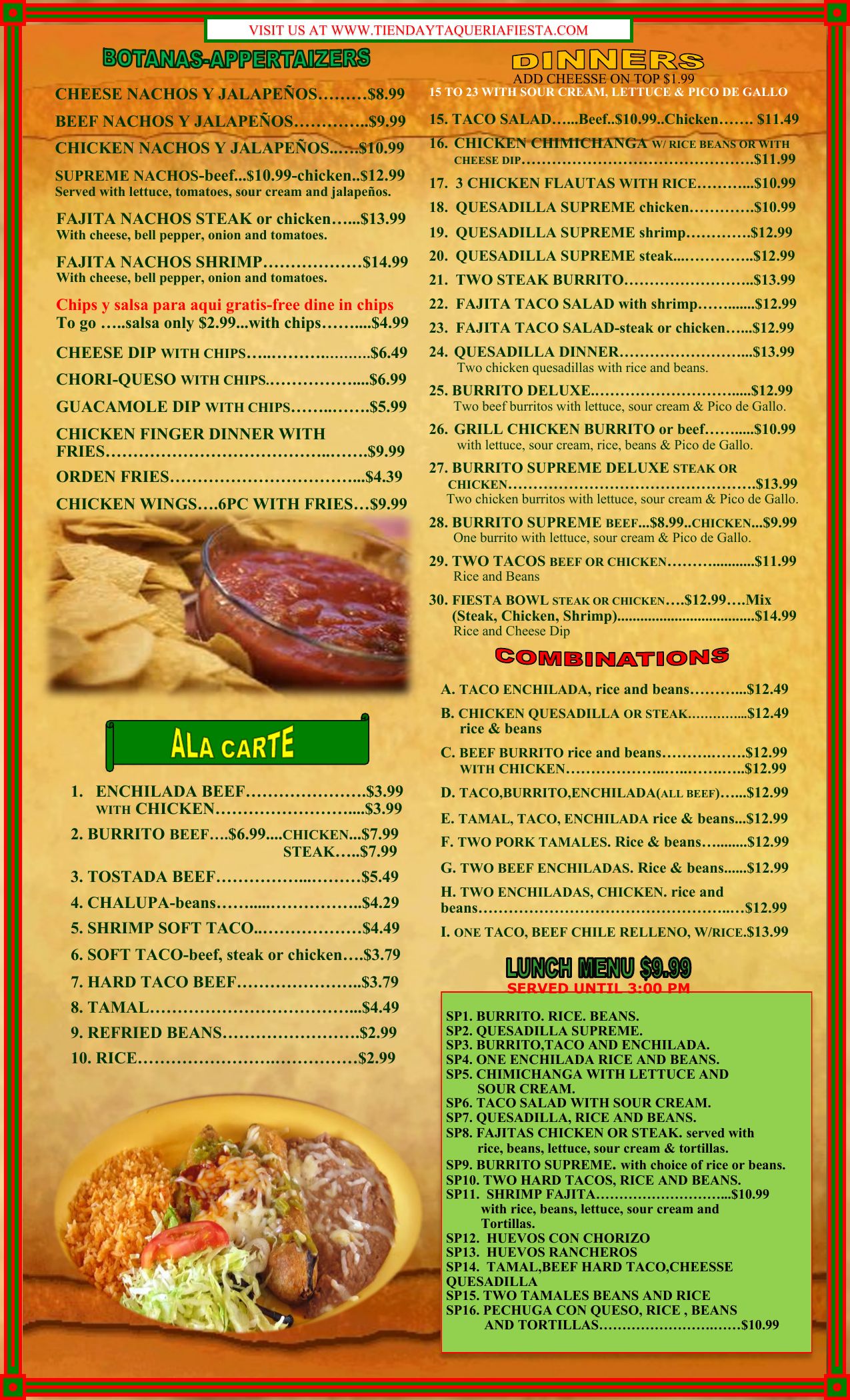 Taqueria Fiesta menu, page 4: appetizers, dinners, combinations, a la carte and lunch menu